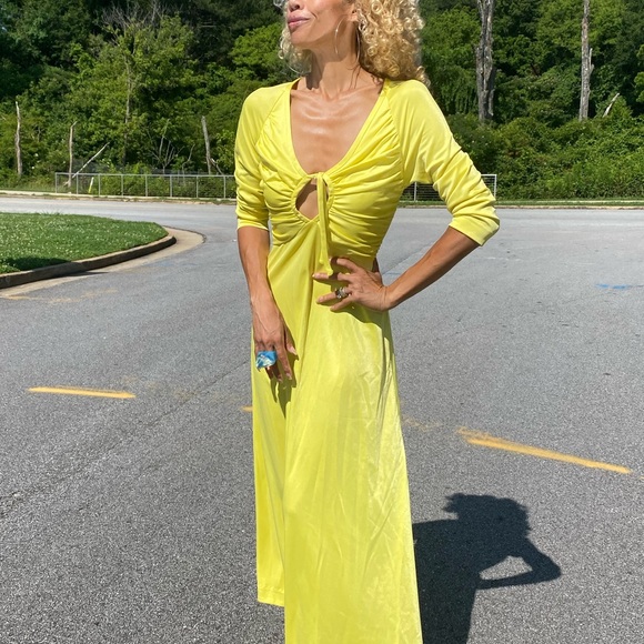 Vintage yellow keyhole jersey maxi disco dress S/M - Picture 5 of 12